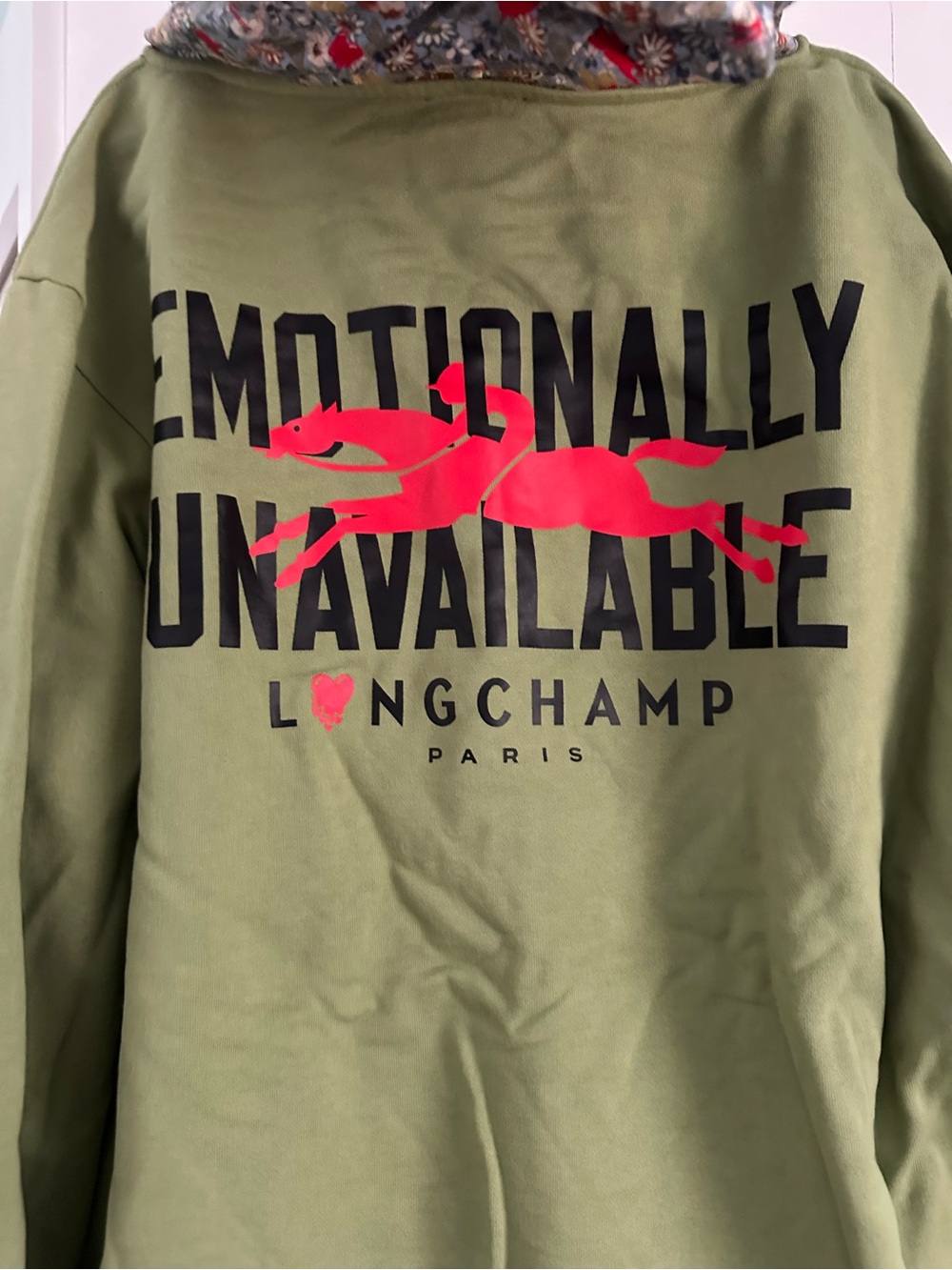 Longchamp Olive Green Sweatshirt with Bright Pink Logo